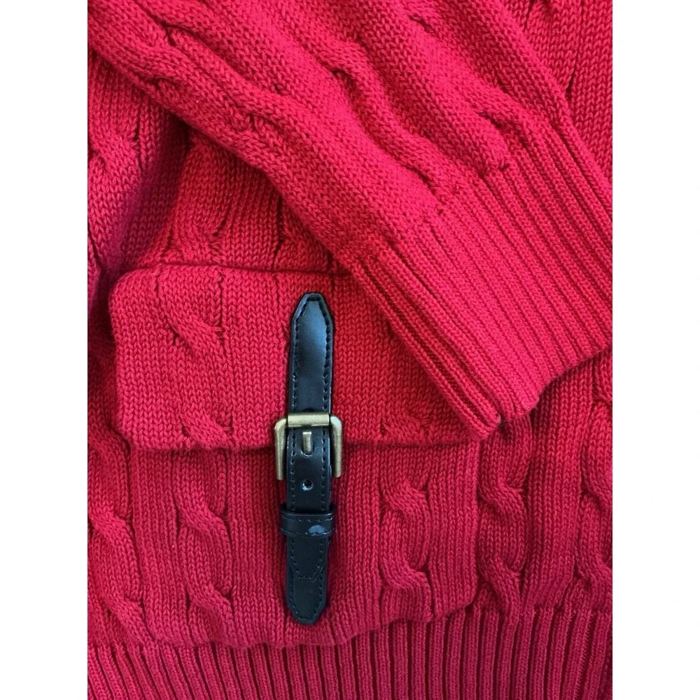 Lauren Ralph Lauren Sweater Womens L Red Cable Full Zip Brass Buckles Pockets